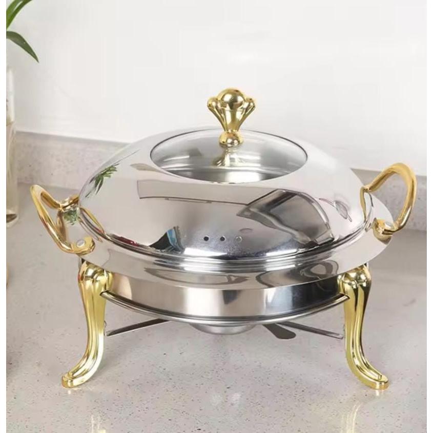 Luxury Stainless Steel Round Chafing Dish – 4L Buffet Food Warmer with Gold Handles & Legs