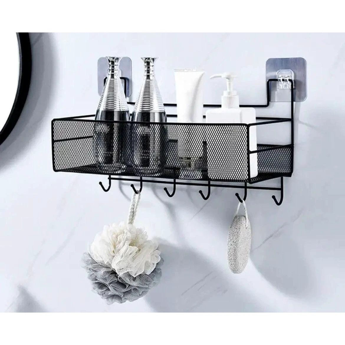 Mesh Bathroom Rack with hooks and self adhesive stickers,No drilling of Wall,Bathroom Organizer Rack,Rust Free, Waterproof Easy Clean, Bathroom Wall Decor, Black Bathroom Storage Uncategorized