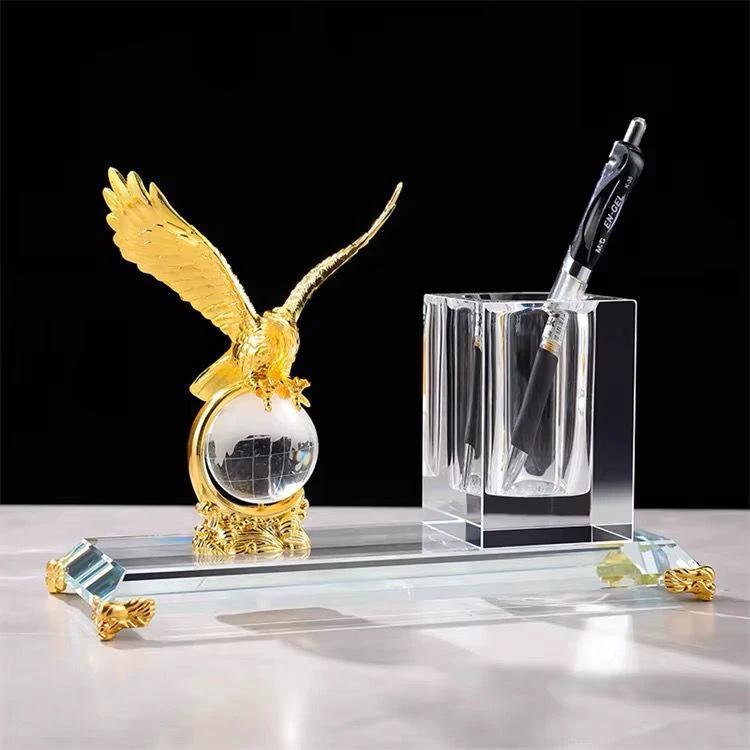 Metal Eagle with Globe Desktop Gift and Crystal Pen Holder Set Office decor Pen Holders