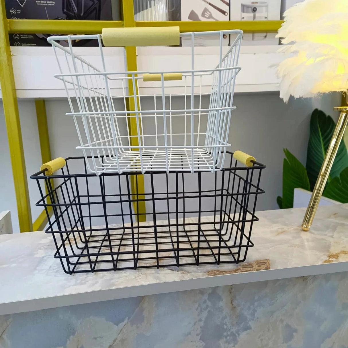 Metal Wire Storage Basket with Handle Wrought Iron Art Fruit Vegetable Snacks Bathroom & Kitchen Holder (Black & White) Storage Containers Food Storage Containers