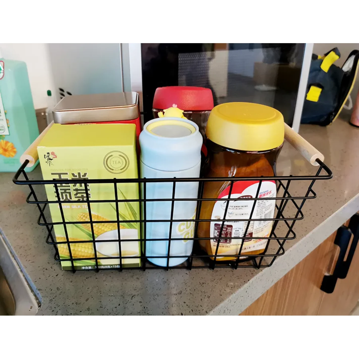 Metal Wire Storage Basket with Handle Wrought Iron Art Organizer for Fruits, Snacks & Sundries Versatile Storage for Kitchen, Bathroom.