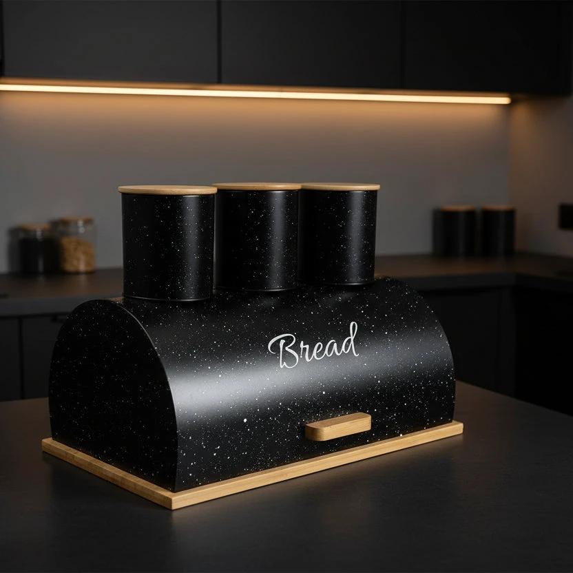 Metallic Bread Bin Box with Wooden Base Available in Black or White food storage Bread Boxes & Bags
