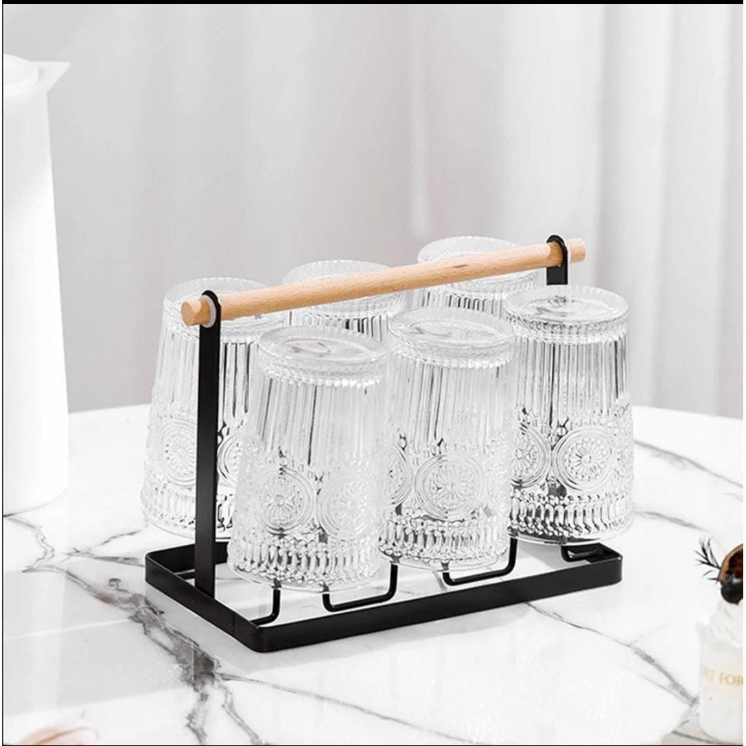 Metallic Glass Cup Holder with Bamboo Base & Draining Tray Stylish & Functional