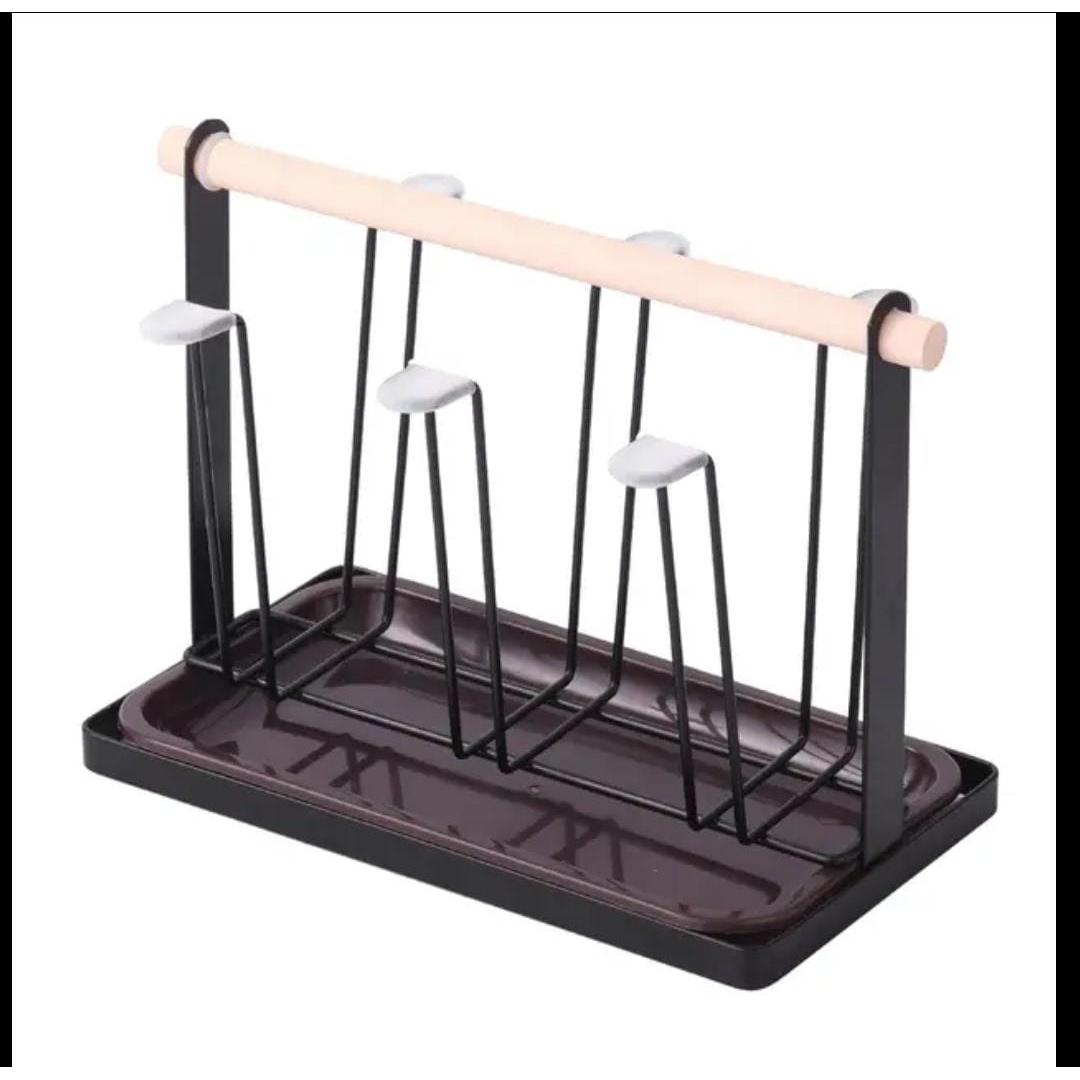 Metallic Glass Cup Holder with Bamboo Base & Draining Tray Stylish & Functional