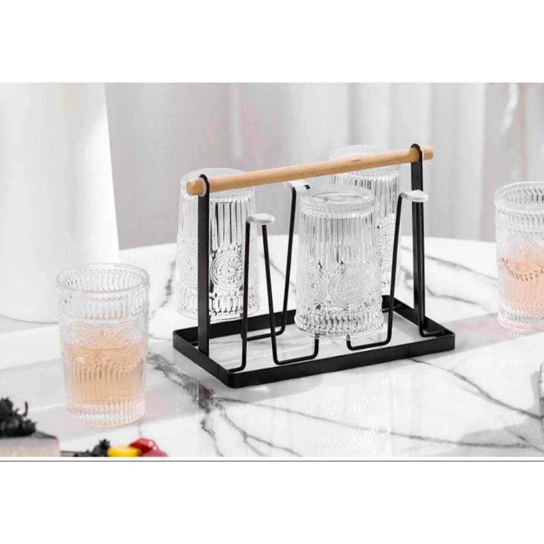 Metallic Glass Cup Holder with Bamboo Base & Draining Tray Stylish & Functional