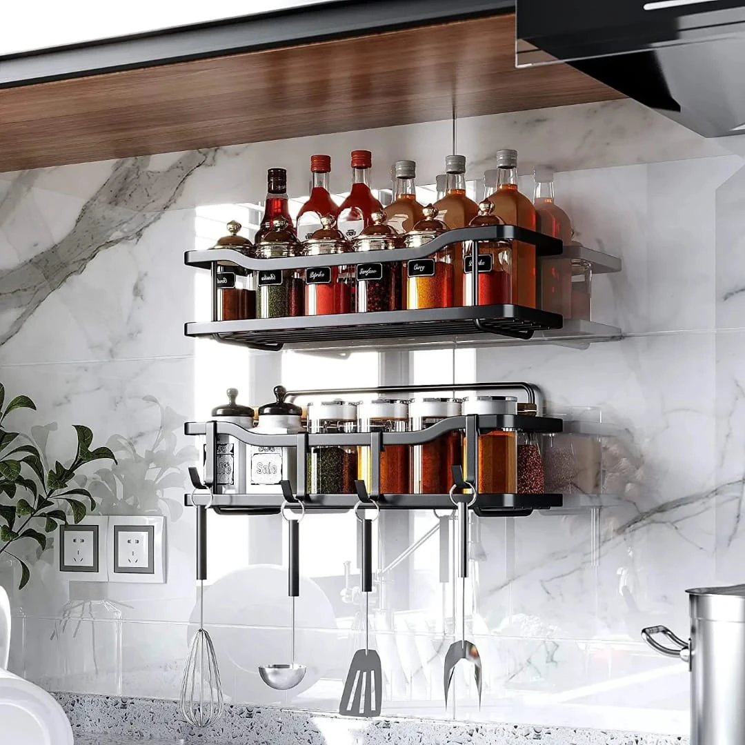 Metallic Multipurpose Rustproof 2pcs Shower Caddy No Drill, Strong Adhesive For Tiles, Marble, Wood, Metal, Glass. Bathroom Storage Bathroom Accessory Sets