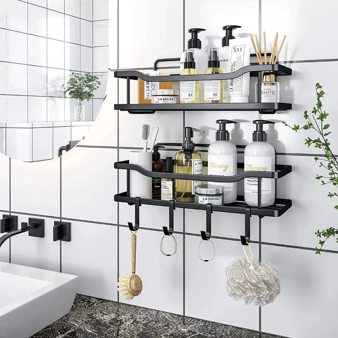 Metallic Multipurpose Rustproof 2pcs Shower Caddy No Drill, Strong Adhesive For Tiles, Marble, Wood, Metal, Glass. Bathroom Storage Bathroom Accessory Sets
