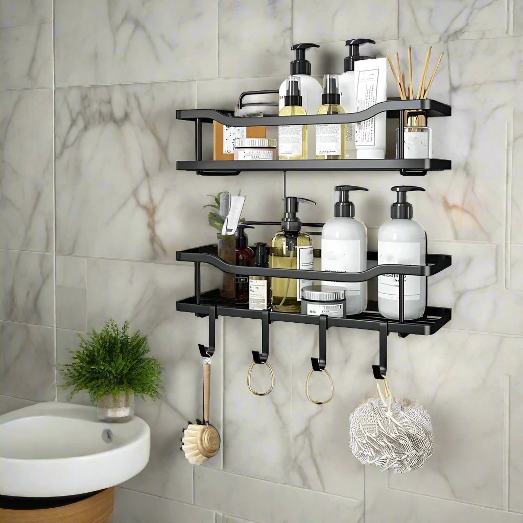 Metallic Multipurpose Rustproof 2pcs Shower Caddy No Drill, Strong Adhesive For Tiles, Marble, Wood, Metal, Glass. Bathroom Storage Bathroom Accessory Sets