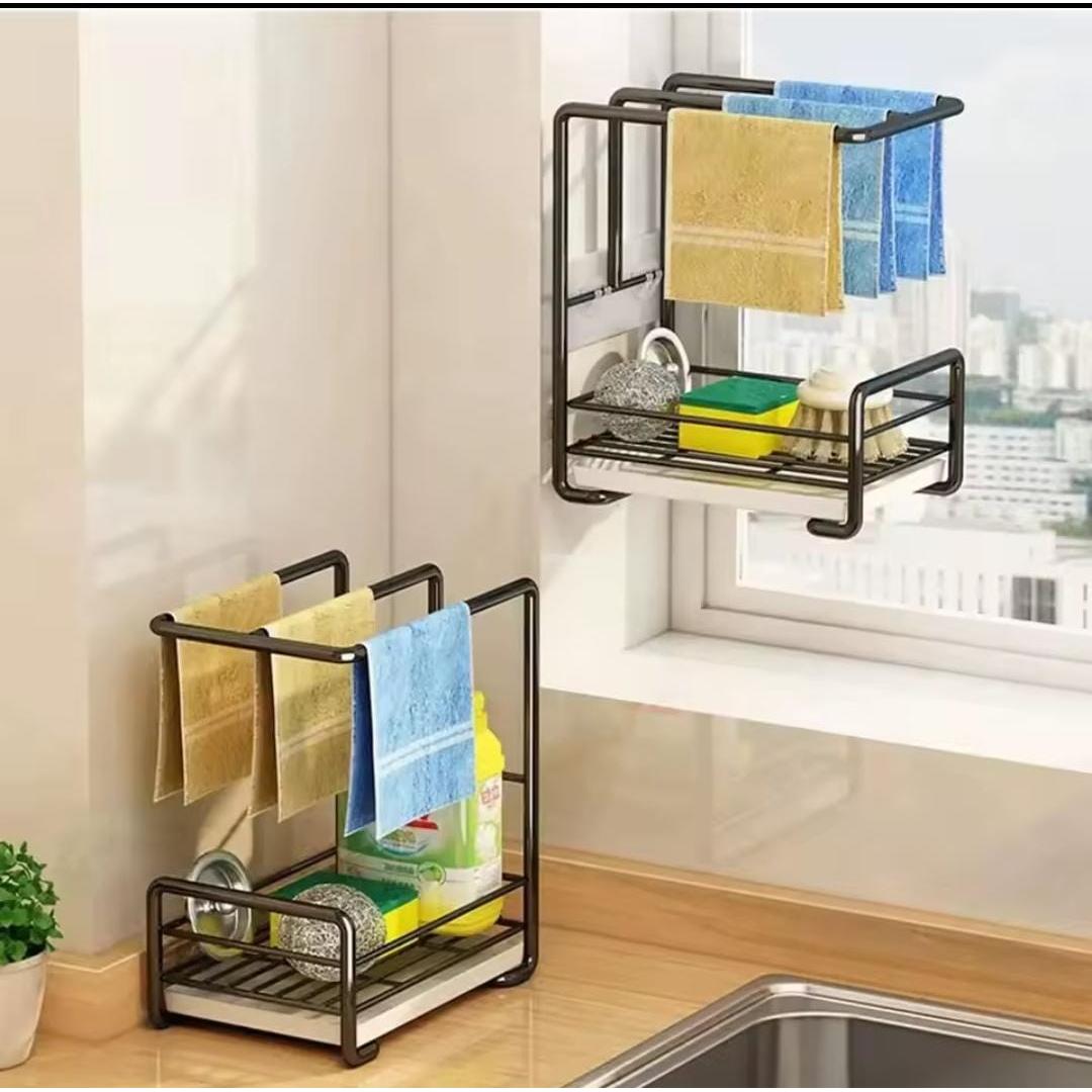 Metallic Sink Caddy with Draining Tray – Adhesive or Standalone Kitchen Organizer in Black