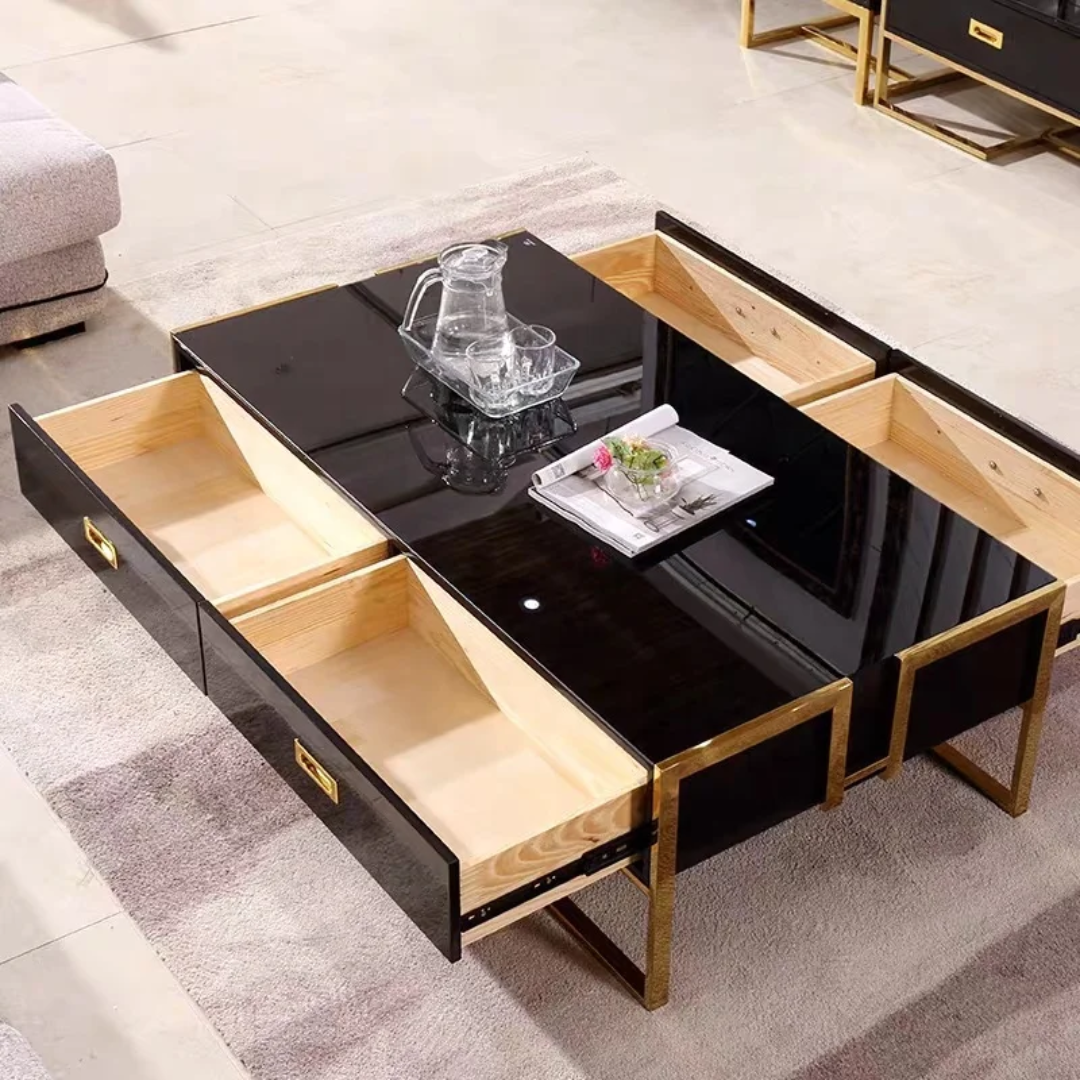 Modern Black Glass Coffee Table with Gold Frame and 4sided Storage Drawers