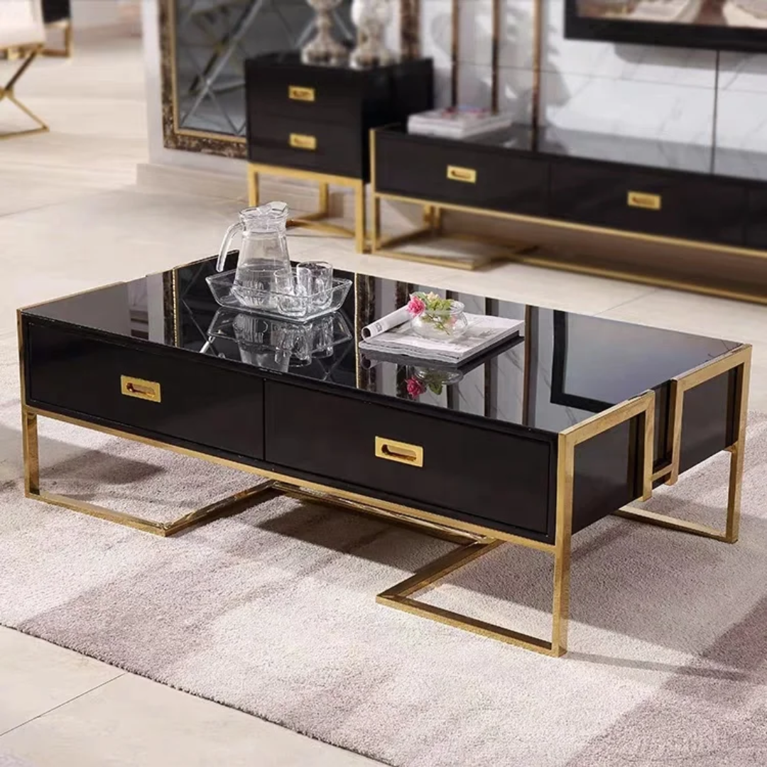 Modern Black Glass Coffee Table with Gold Frame and 4sided Storage Drawers