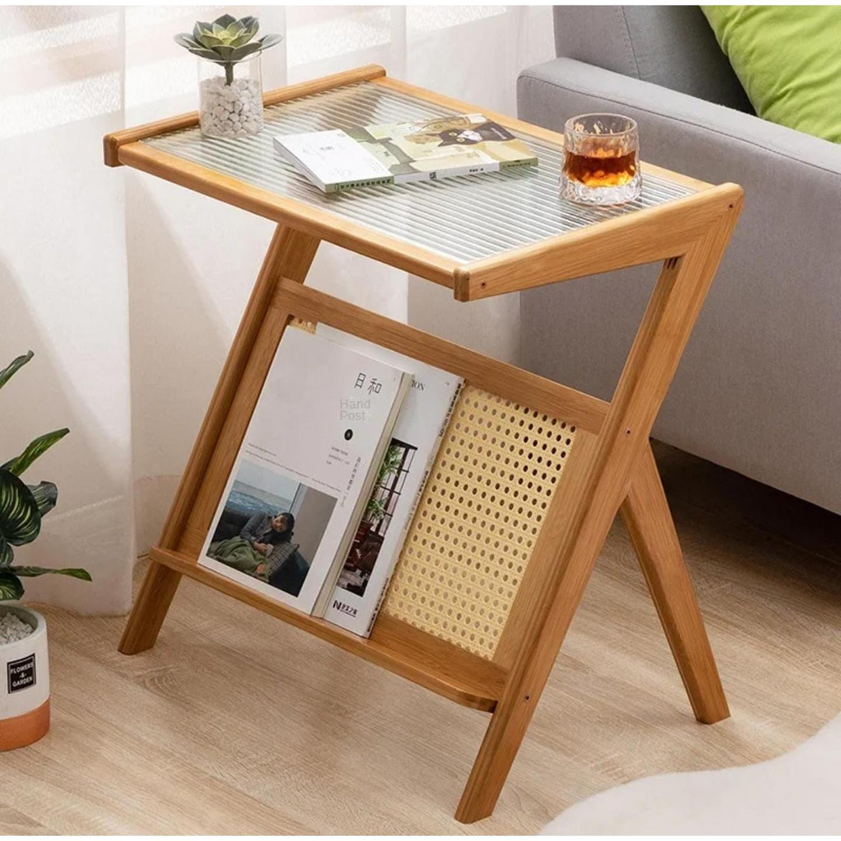 Modern Boho Japanese Solid Bamboo Side Table with Glass Top