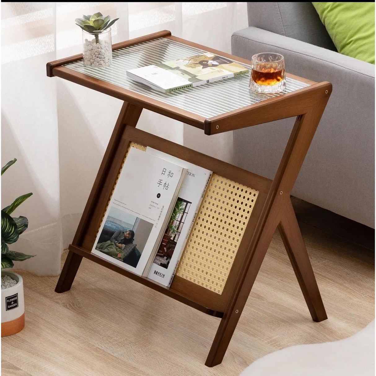 Modern Boho Japanese Solid Bamboo Side Table with Glass Top