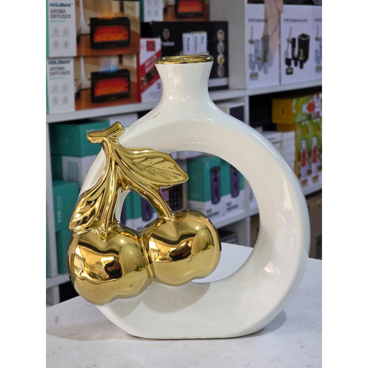 Modern Ceramic Vase with Golden Cherry and Leaf Design – Open Circle Shape