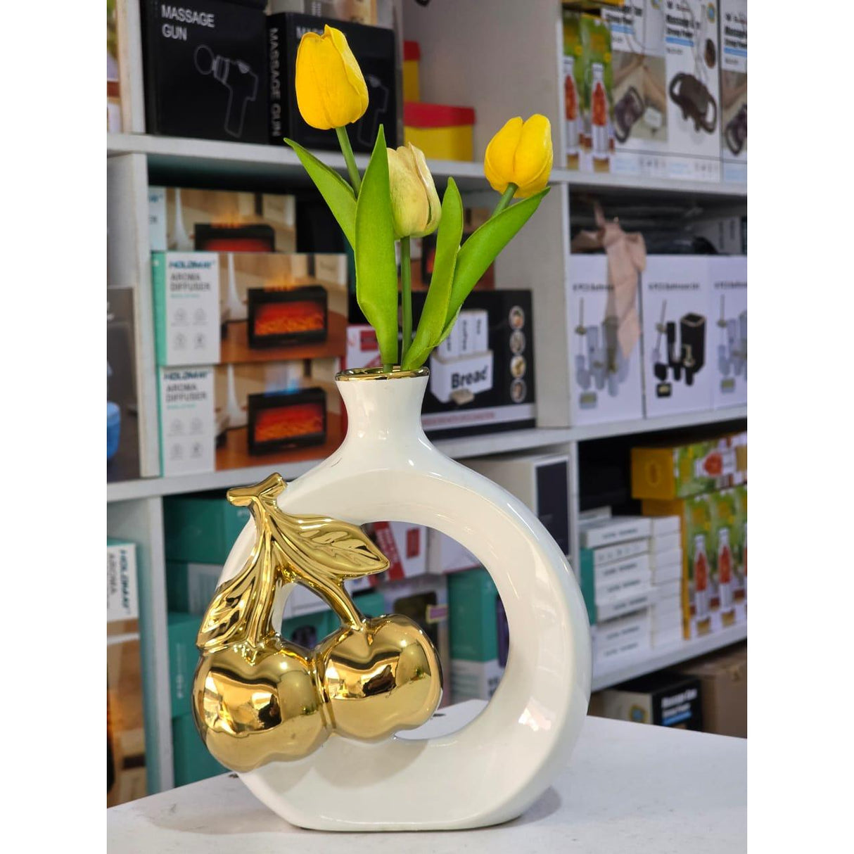 Modern Ceramic Vase with Golden Cherry and Leaf Design – Open Circle Shape
