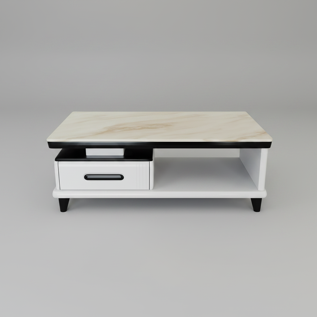 Modern Coffee Table with White and Beige Marble Top and Storage Drawer Furniture Furniture
