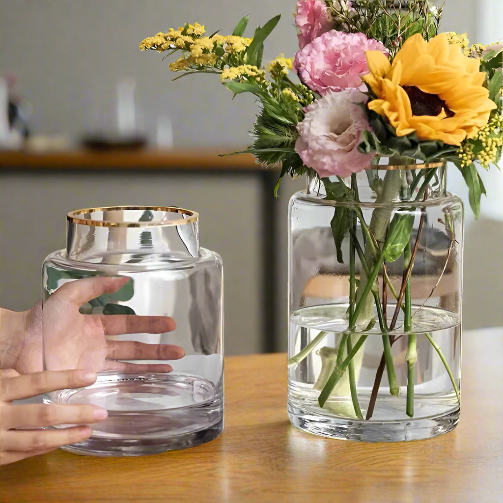 Modern Creative Clear Glass Vase with Gold Accent 28cm Elegant Home Decor Piece Dining Tables, Coffee Tables, living Rooms & Entryways