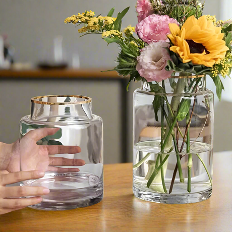 Modern Creative Clear Glass Vase with Gold Accent 28cm Elegant Home Decor Piece Dining Tables, Coffee Tables, living Rooms & Entryways