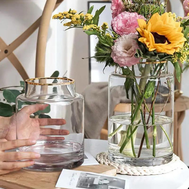 Modern Creative Clear Glass Vase with Gold Accent 28cm Elegant Home Decor Piece Dining Tables, Coffee Tables, living Rooms & Entryways