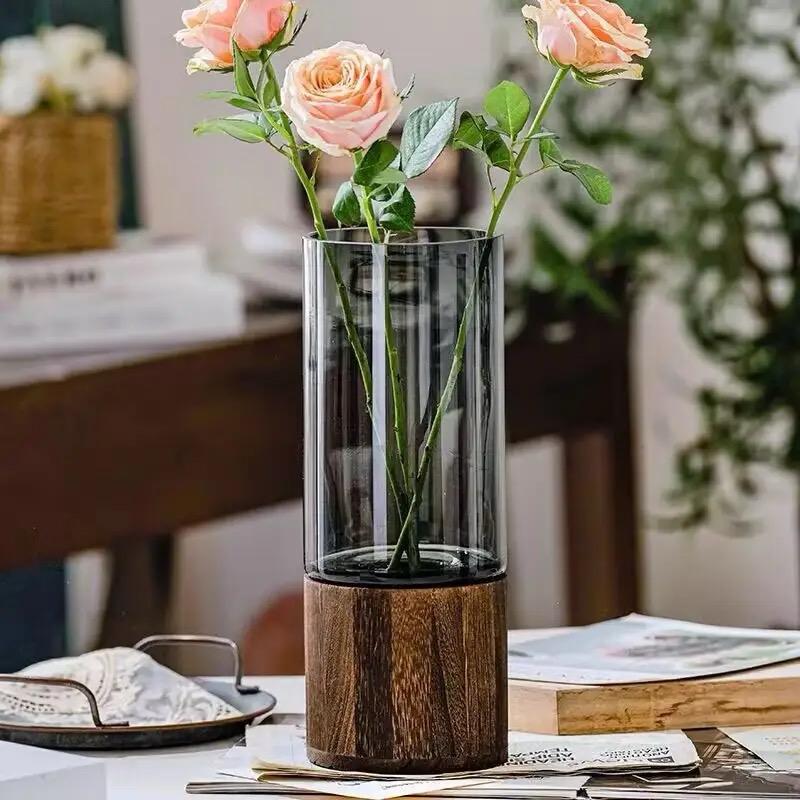 Modern Creative Glass Vase with Removable Wooden Accent 36cm Elegant Home Decor Living Rooms, Dining Rooms, Offices