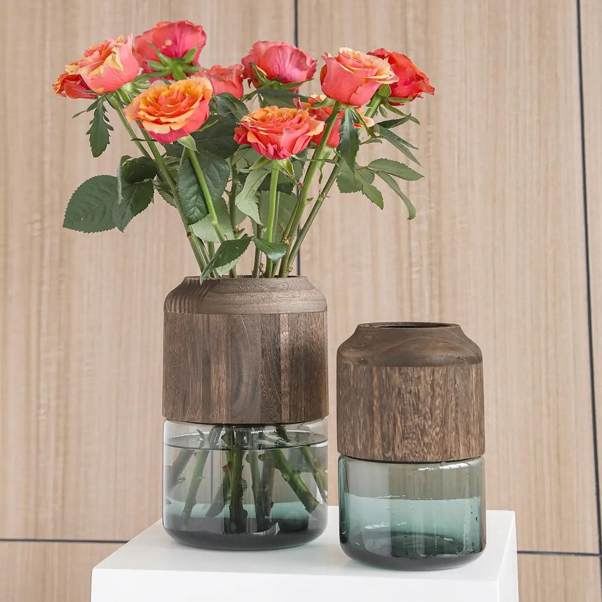 Modern Creative Glass Vase with Removable Wooden Accent 36cm Elegant Home Decor Living Rooms, Dining Rooms, Offices