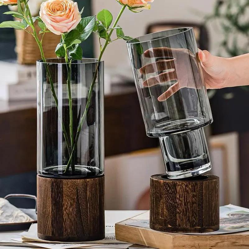 Modern Creative Glass Vase with Removable Wooden Accent 36cm Elegant Home Decor Living Rooms, Dining Rooms, Offices