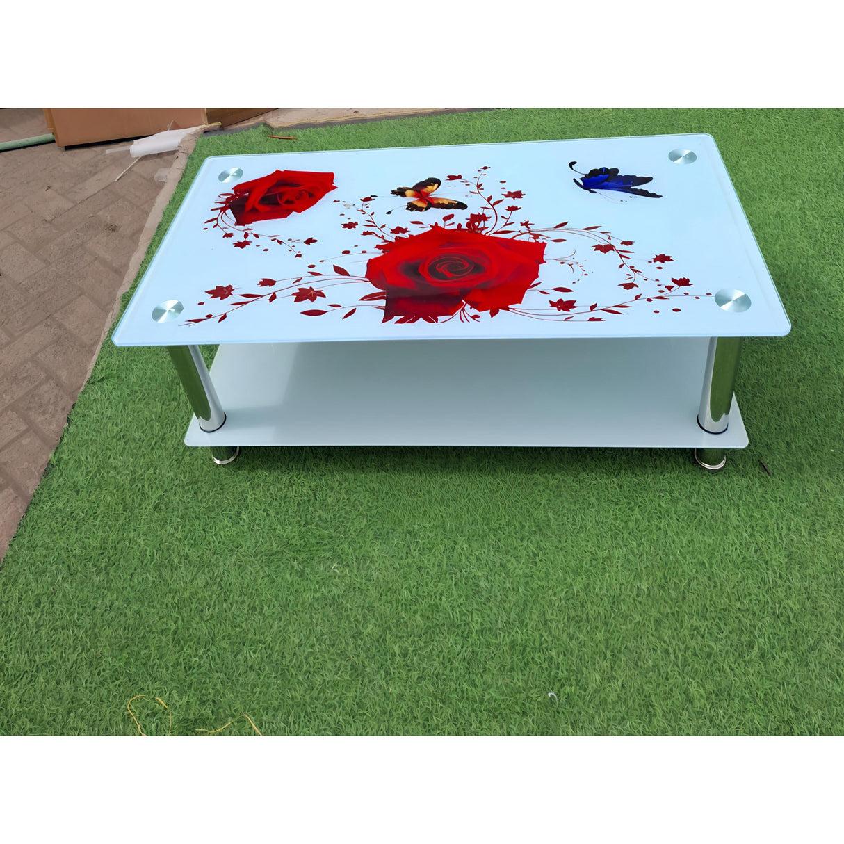 Modern Floral Glass Coffee Table with Chrome Legs