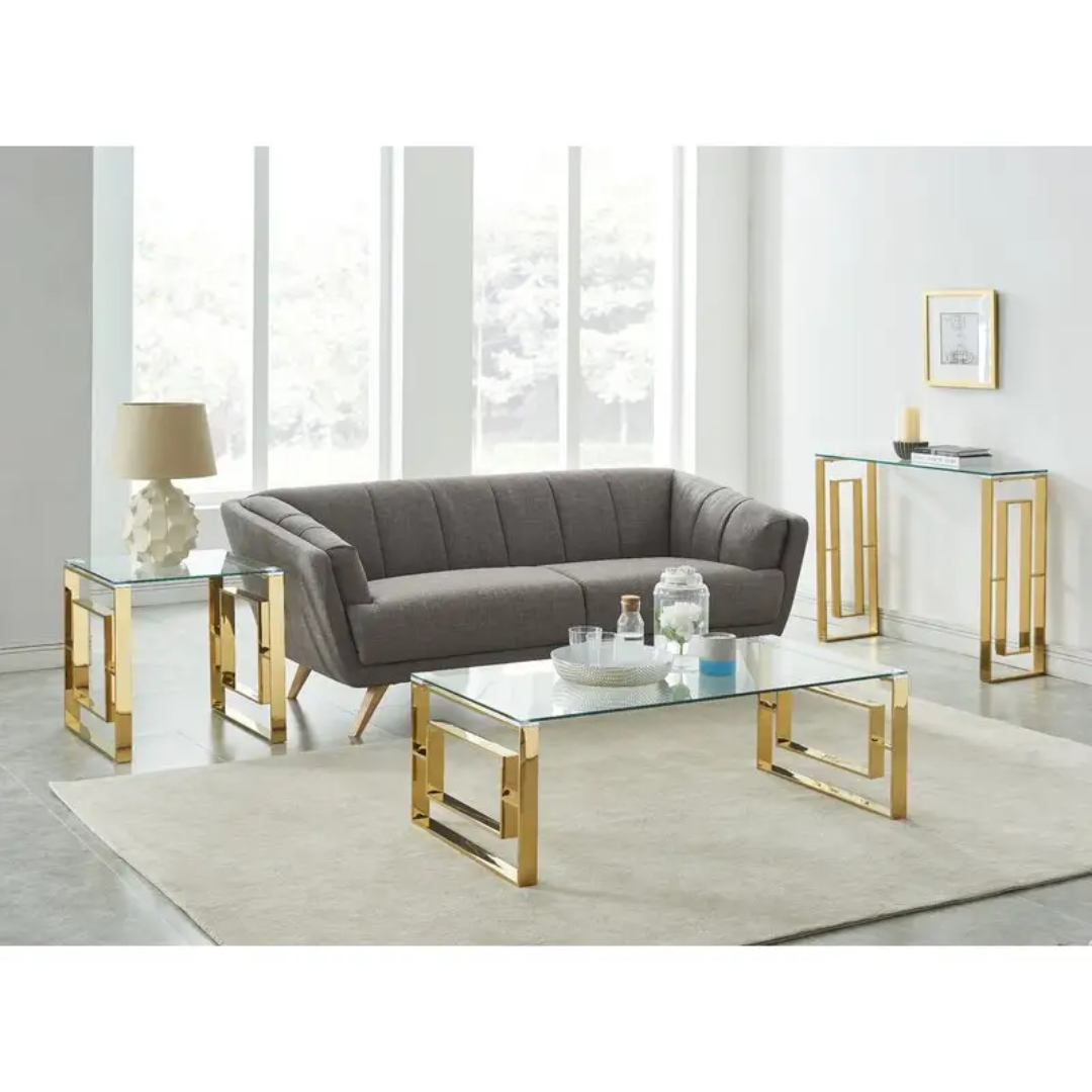 Modern Glass Coffee Table Rectangular Clear Top with Gold Stainless Steel Geometric Frame