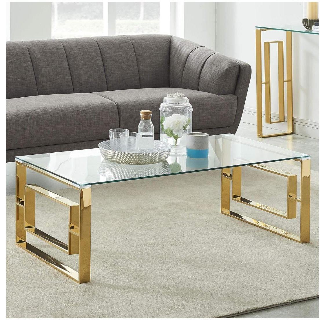 Modern Glass Coffee Table Rectangular Clear Top with Gold Stainless Steel Geometric Frame