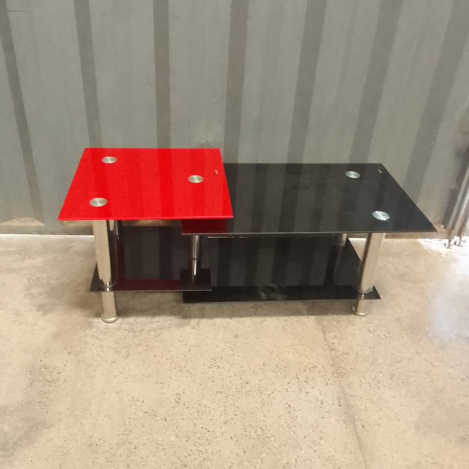 Modern Glass Coffee Table with Red Round Top and Black Rectangular Base