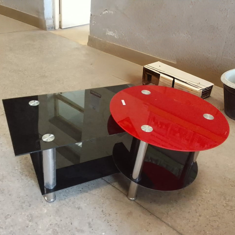 Modern Glass Coffee Table with Red Round Top and Black Rectangular Base