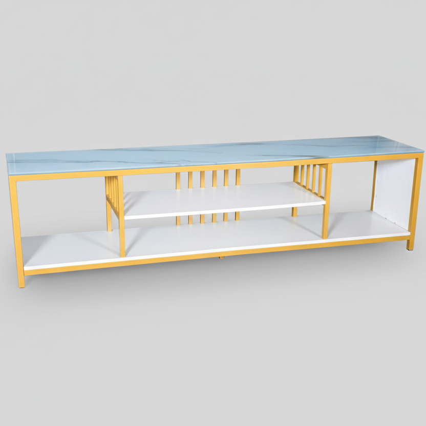 Modern Glass Top TV Stand with Open Storage & Shelves