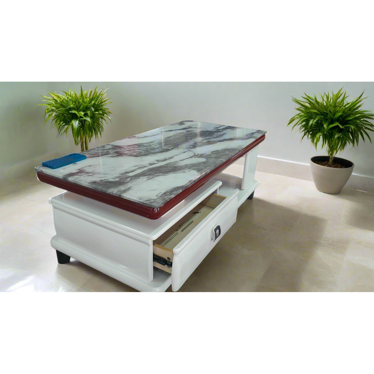 Modern Marble Top Coffee Table with two sided Storage Drawers