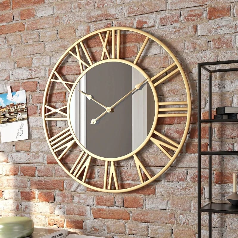 Modern Metal Mirror Wall Clock Gold 50cm Roman Numerals Silent Luxury Design