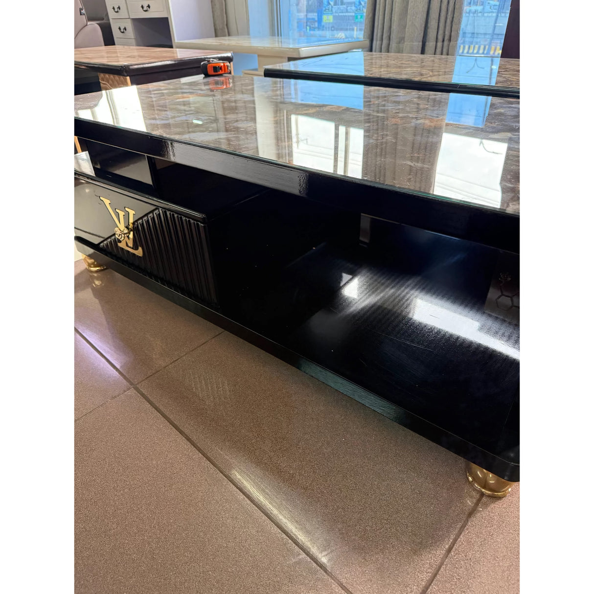 Modern Rectangular Coffee Table – 120cm with Drawers & Marble Effect Top (Black, Blue, Beige) Coffee Tables