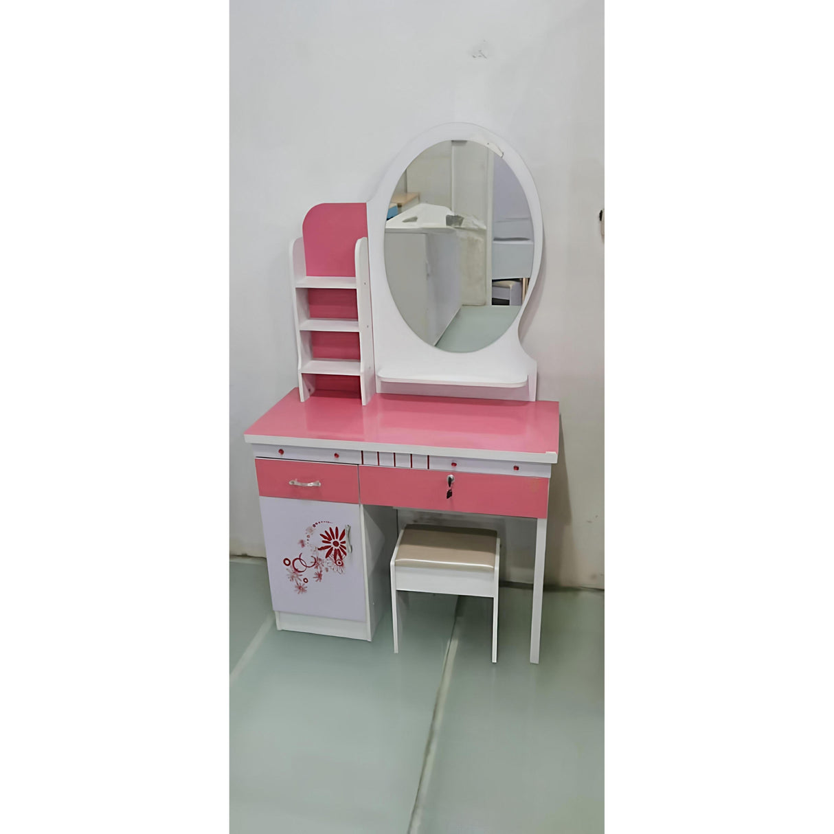 Modern Round Mirror Wooden Dressing Table with Storage and Stool