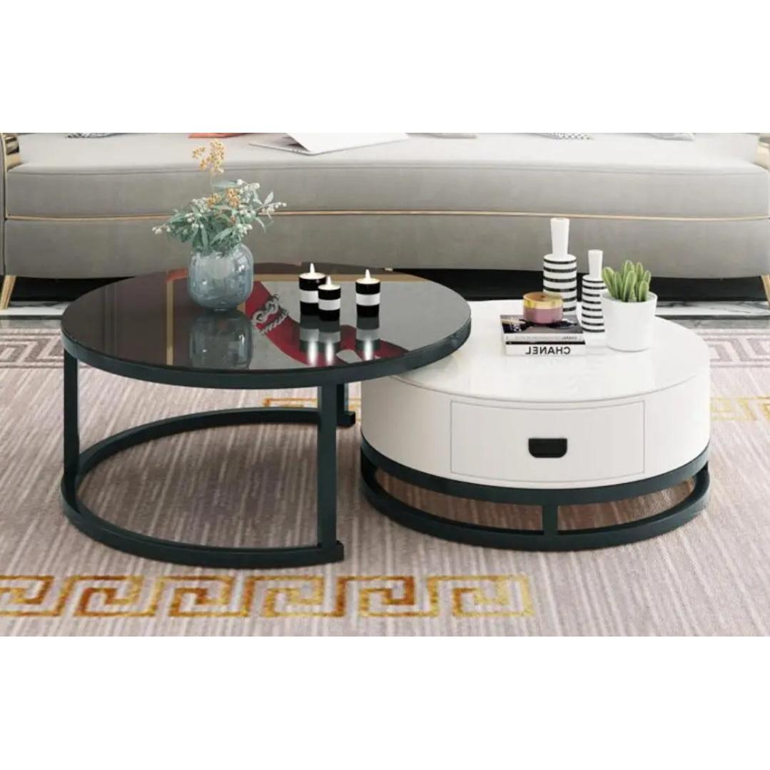 Modern Round Two Tier Side Table with Storage Drawer Sleek Black Glass Top and White Finish for Living Room or Bedroom