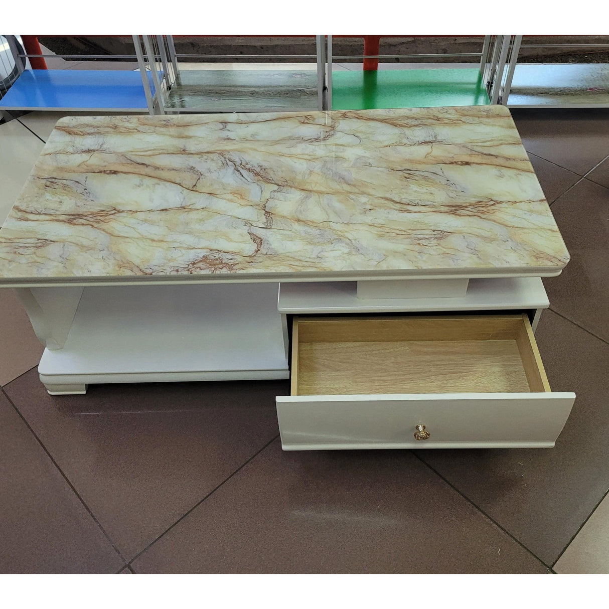 Modern marble -top coffee with storage drawers 2sides