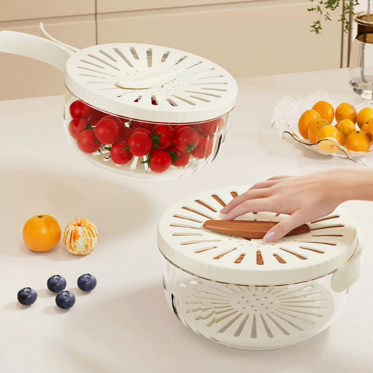 Multi-Functional Food Storage and Drainer Container with Foldable Handle and Drain Switch. Kitchen Slicers