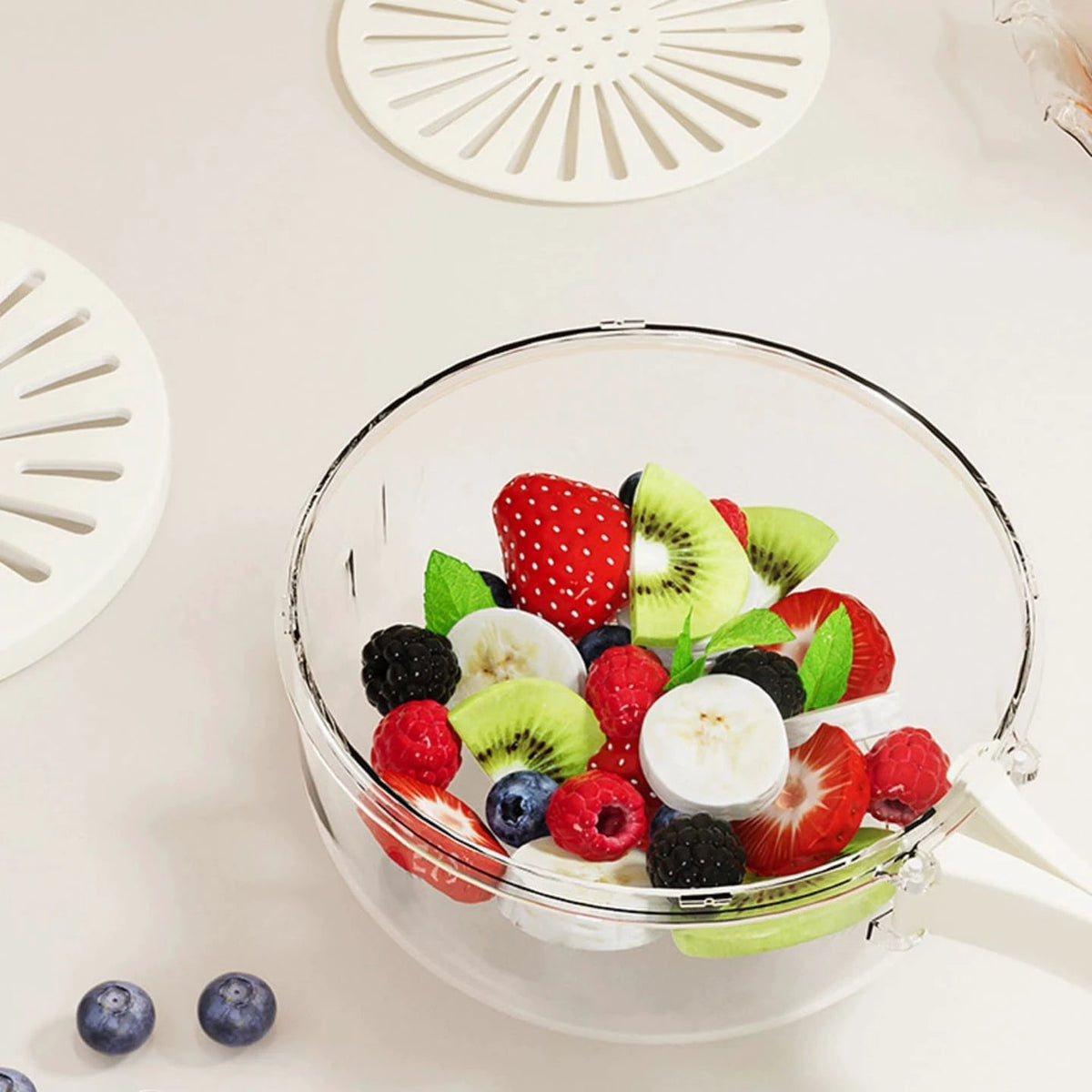 Multi-Functional Food Storage and Drainer Container with Foldable Handle and Drain Switch. Kitchen Slicers