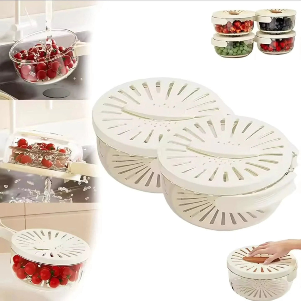 Multi-Functional Food Storage and Drainer Container with Foldable Handle and Drain Switch. Kitchen Slicers