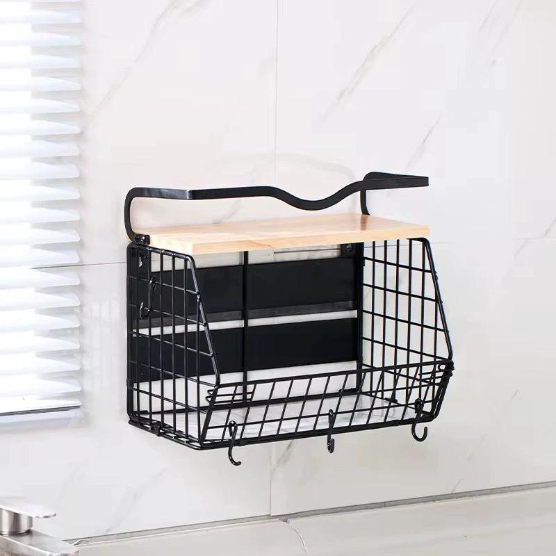 Multifunctional Magnetic Mountable Stainless Steel Wire Storage Basket with Wooden Shelf 35x17x29.5cm Kitchen Racks Household Storage Caddies