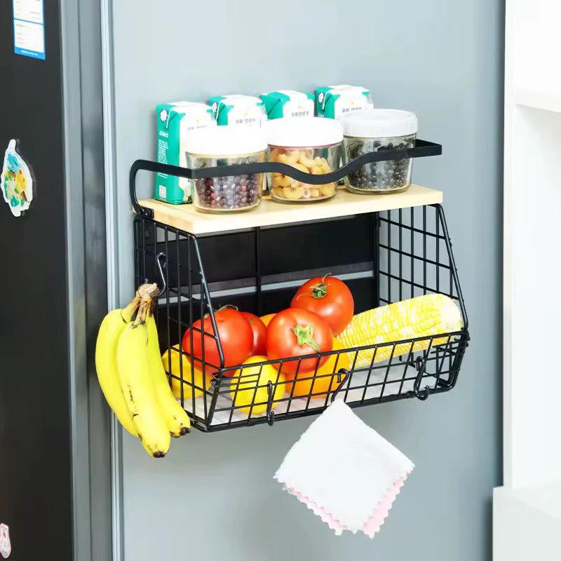 Multifunctional Magnetic Mountable Stainless Steel Wire Storage Basket with Wooden Shelf 35x17x29.5cm Kitchen Racks Household Storage Caddies