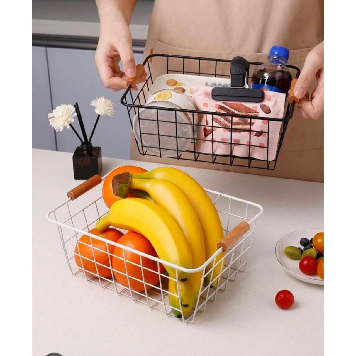 Multipurpose Metallic Mesh Basket with Wooden Handle – Black or White