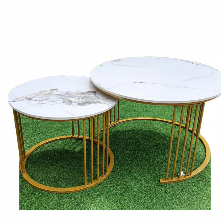 Nesting Marble-Top Coffee Table Set with Gold Frame.