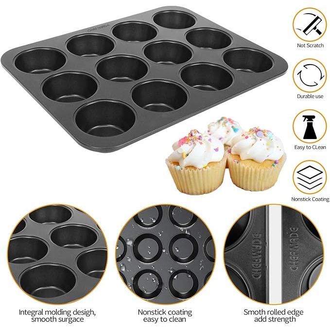 Non-slip Carbon Steel 12-Hole Cupcake Baking Tin | 12 cupcakes | Muffins, Cakes, Chocolate, Bread, Mousse, Jelly, Brownie Cupcakes