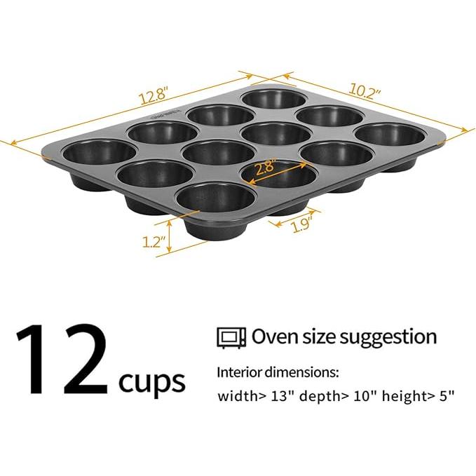 Non-slip Carbon Steel 12-Hole Cupcake Baking Tin | 12 cupcakes | Muffins, Cakes, Chocolate, Bread, Mousse, Jelly, Brownie Cupcakes