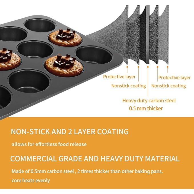 Non-slip Carbon Steel 12-Hole Cupcake Baking Tin | 12 cupcakes | Muffins, Cakes, Chocolate, Bread, Mousse, Jelly, Brownie Cupcakes