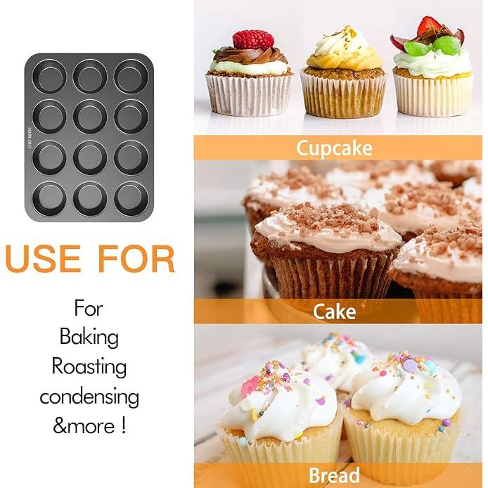 Non-slip Carbon Steel 12-Hole Cupcake Baking Tin | 12 cupcakes | Muffins, Cakes, Chocolate, Bread, Mousse, Jelly, Brownie Cupcakes