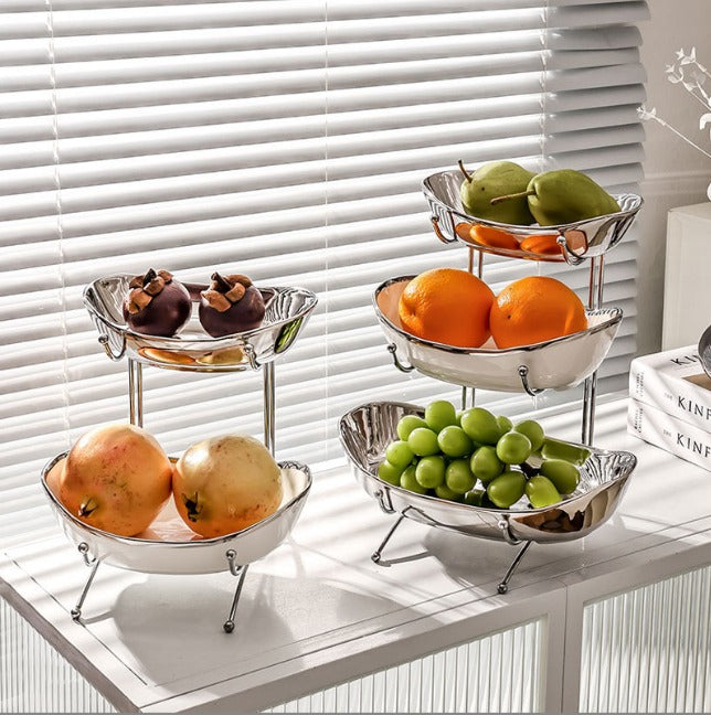 Nordic Ceramic 3 Tier Fruit & Snack Stand with Silver Metallic Frame